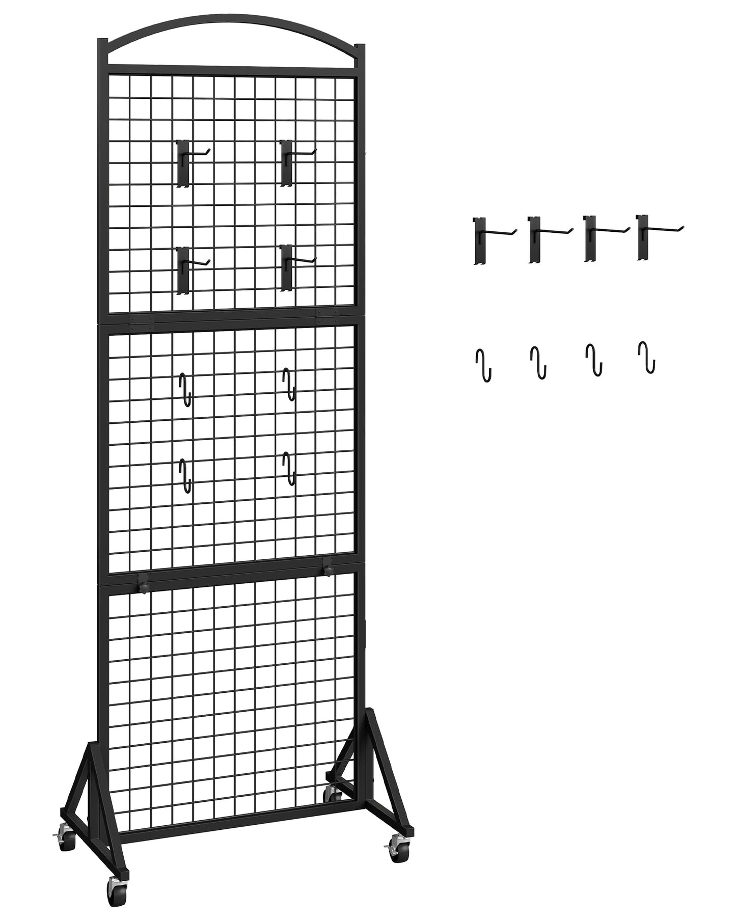 CHOEZON Foldable Grid Wall Panel 1.9' x 5.6' FT, Movable Gridwall Display Rack, Wire Grid Rack on Wheels, Retail Display Stand, with 4 S-Shaped Hooks and 4 Garment Hooks, Black TCJ37BB