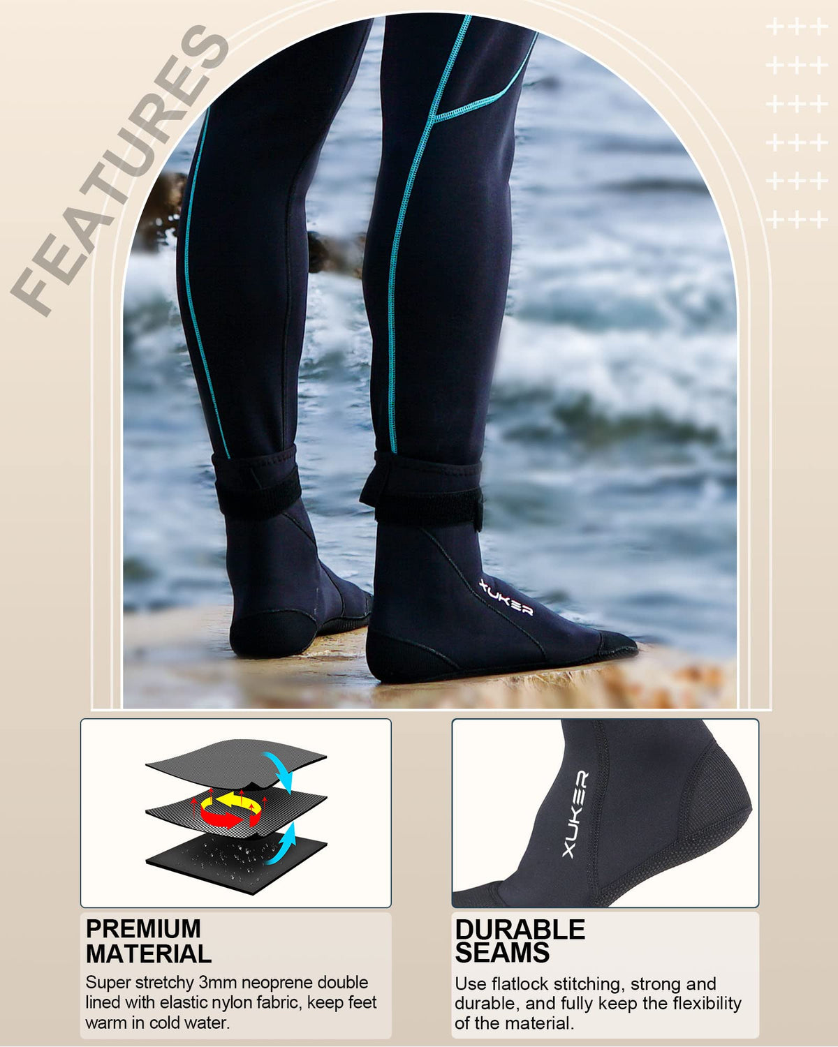 XUKER Neoprene Water Socks 3mm, Sand Proof Beach Volleyball Socks Diving Socks for Outdoor Water Sports