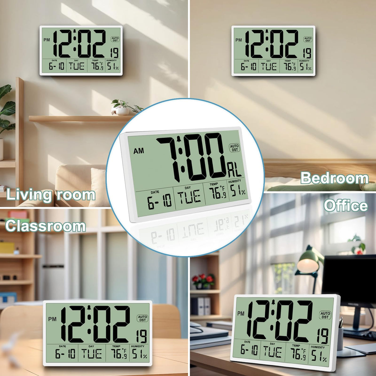 9‘’ Narrow Bezels Battery Operated Digital Wall Clock with Temperature and Humidity - Auto DST, Large 2⅝'' Digits, 5-Level Volume Alarm (3 AA Included) - Wall Mount/Desktop for Office Bedroom Kitchen