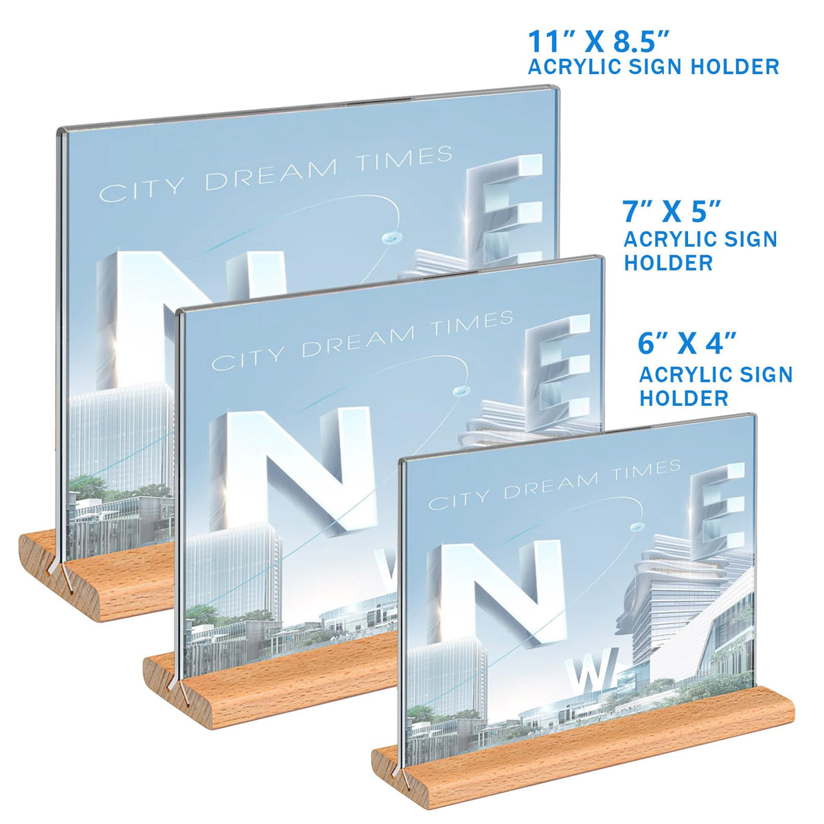 Kersally Acrylic Sign Holder 6 x 4, 3 Pack Double-Sided Clear Table Display Stands with Wood Base,Horizontal Acrylic Frame Menu Flyer Paper Holder for Store, Restaurant, Hotel, Office, Show Fair