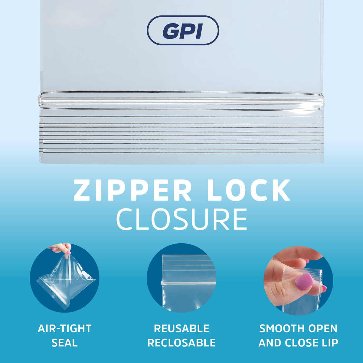 GPI - 2 Gallon Zip Bags, 13" x 15" Large Reclosable Lock Zip Bags, Clear Plastic Zipper Storage Bags with Zip Top Lock for Freezer, Clothing, Food, Documents & Supplies - 200 Count