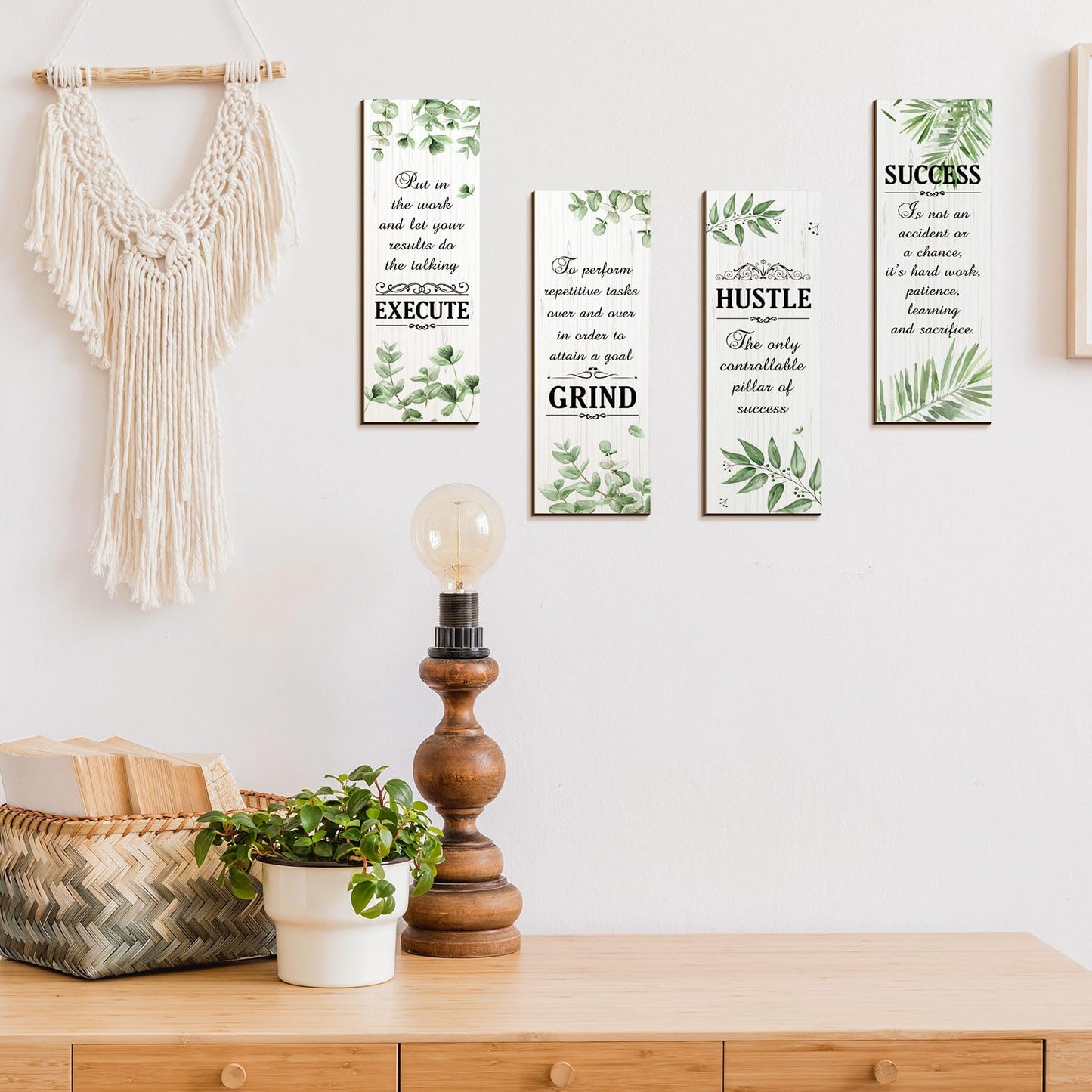 Honoson 4 Pcs Motivational Office Wall Decor Boho Wall Art Inspirational Hanging Wooden Plaques Sayings Rustic Motivational Quote Signs for Office Bedroom Living Room