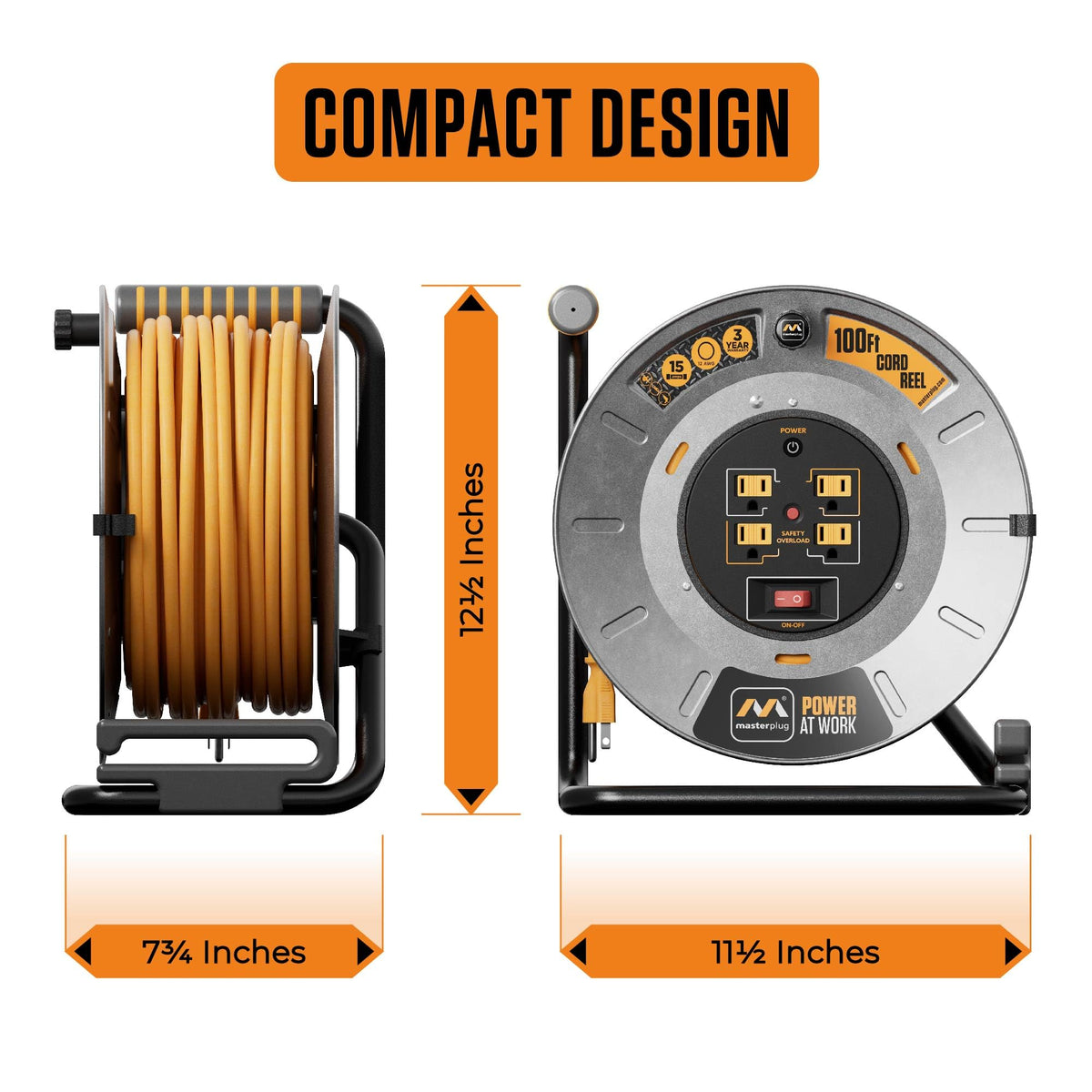 Masterplug 100ft Cord Reel, Metal Cable Drum, Retractable Extension Lead with Winding Handle, Safety Overload Circuit Breaker and Power Switch, 4x Grounded Outlets, 15amps, 12AWG Cable