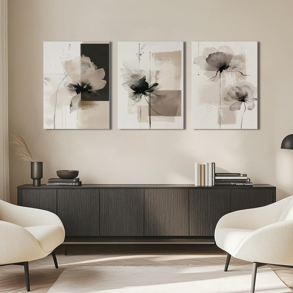 Neutral Abstract Floral Canvas Wall Art Modern Large Minimalist Wall Decor Contemporary Beige Black Flower Posters Prints Picture for Living Room Bedroom Bathroom Office 12x16 In Framed