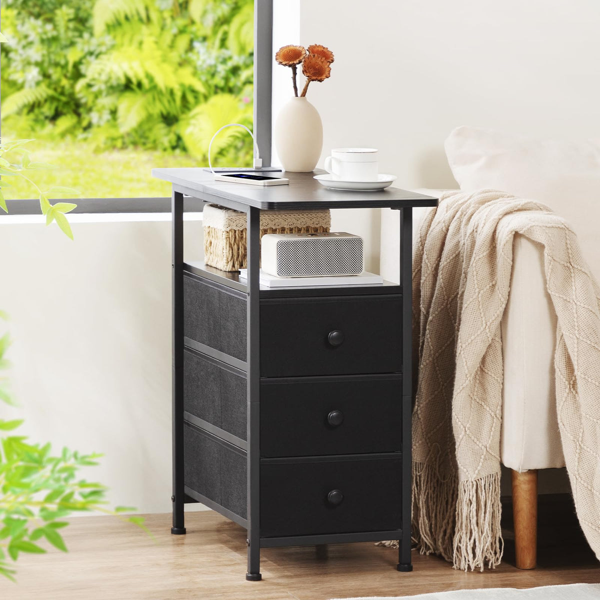 AMHANCIBLE End Tables Living Room with Charging Station, Narrow Side Table with USB Ports and Outlets, Slim Nightstand with 3 Fabric Drawers for Bedroom, Small Space, Black, HETN013BK-1