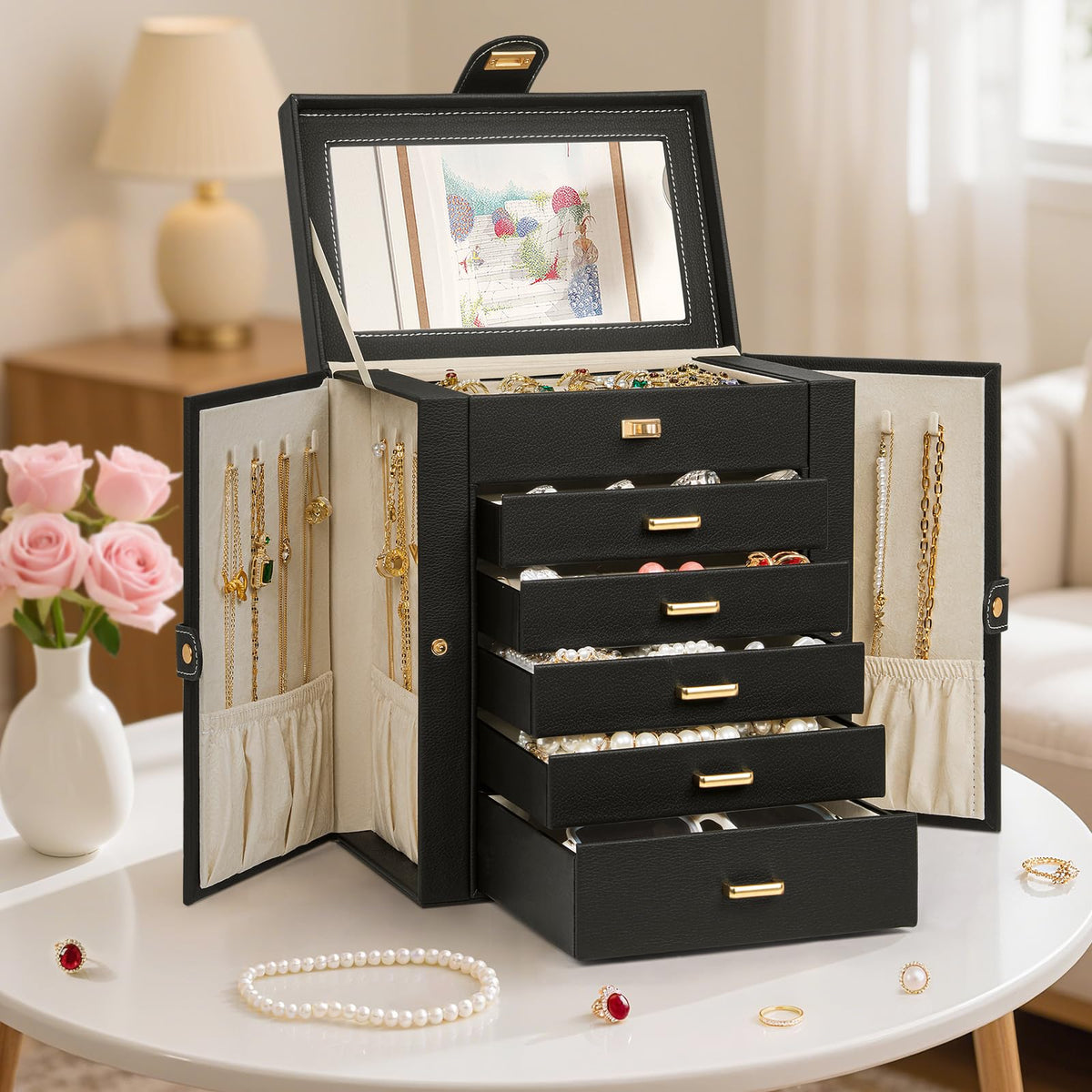 AKOZLIN 6-Tier Jewelry Box Organizer Functional 5 Drawers Leather Jewelry Storage Case for Women Girls Ring Necklace Earring Bracelet Holder Organizer with Mirror Black