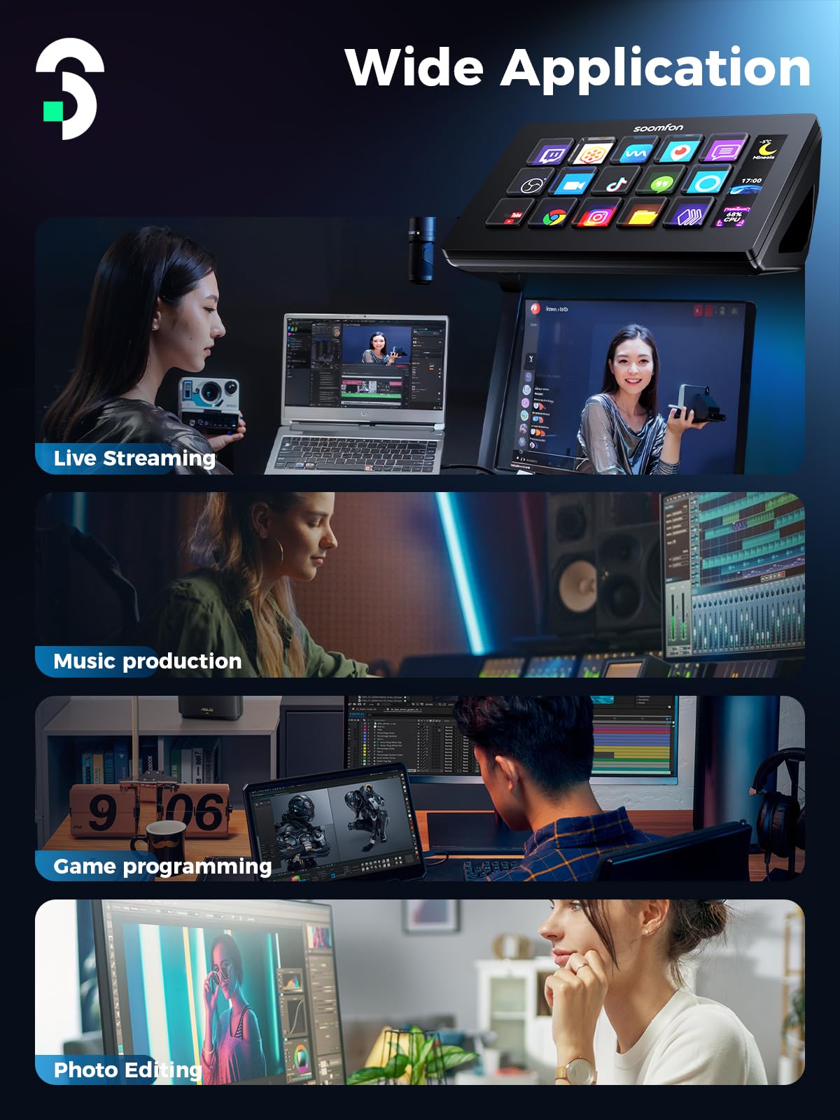 SOOMFON Stream Controller Stream Control Deck with 15 LCD Macro Keys Customizable to Trigger Actions in OBS Twitch YouTube Compatible with PC & Mac for Content Creators Streaming Gaming