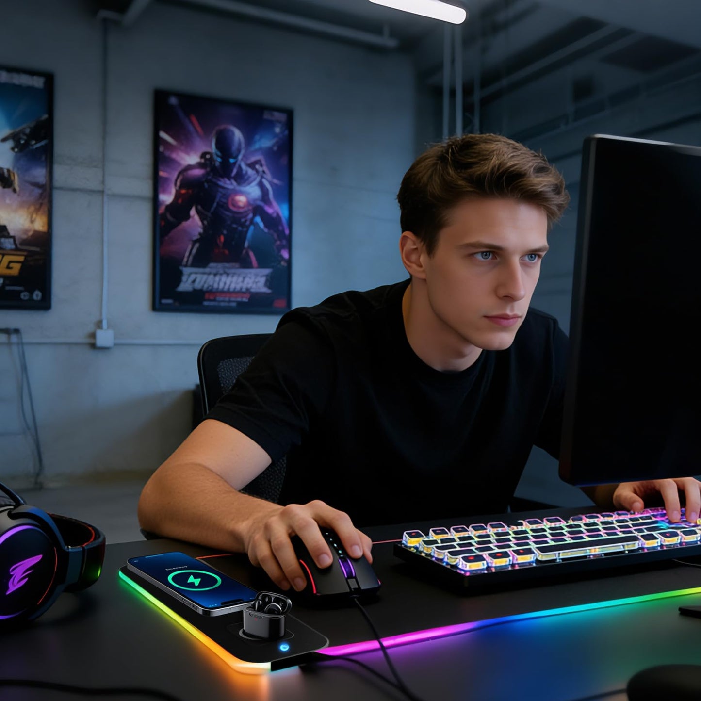 obvade Gaming RGB Mouse Pad Wireless Charging XXL Desk Mat for Keyboard 15w Fast Charger 11 Led Light Modes Non-Slip Large Office Desk Pads on Top of Desks