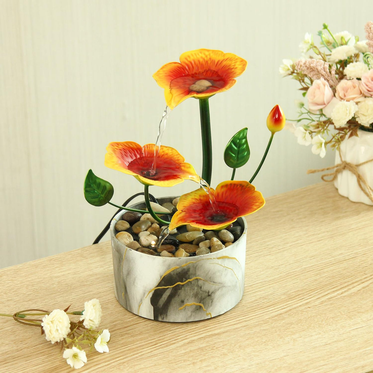 Tabletop Fountain Water Fountain Indoor Waterfall Fountain 3-Tier Desk Fountain Hibiscus Flower Themed Tabletop Fountains Indoor Home Decor for Meditation Relaxing(Hibiscus)