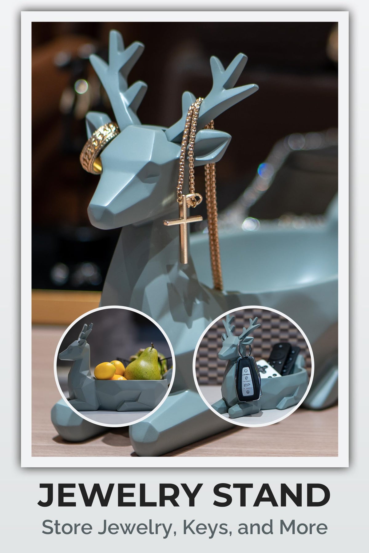 Fuzrea Low-Poly Deer Statue, Gray Resin Deer Candy Bowl & Key Holder, Reindeer Candy Dish Home Decor for Living Room, Office, Dining Table, Shelves, Entryway
