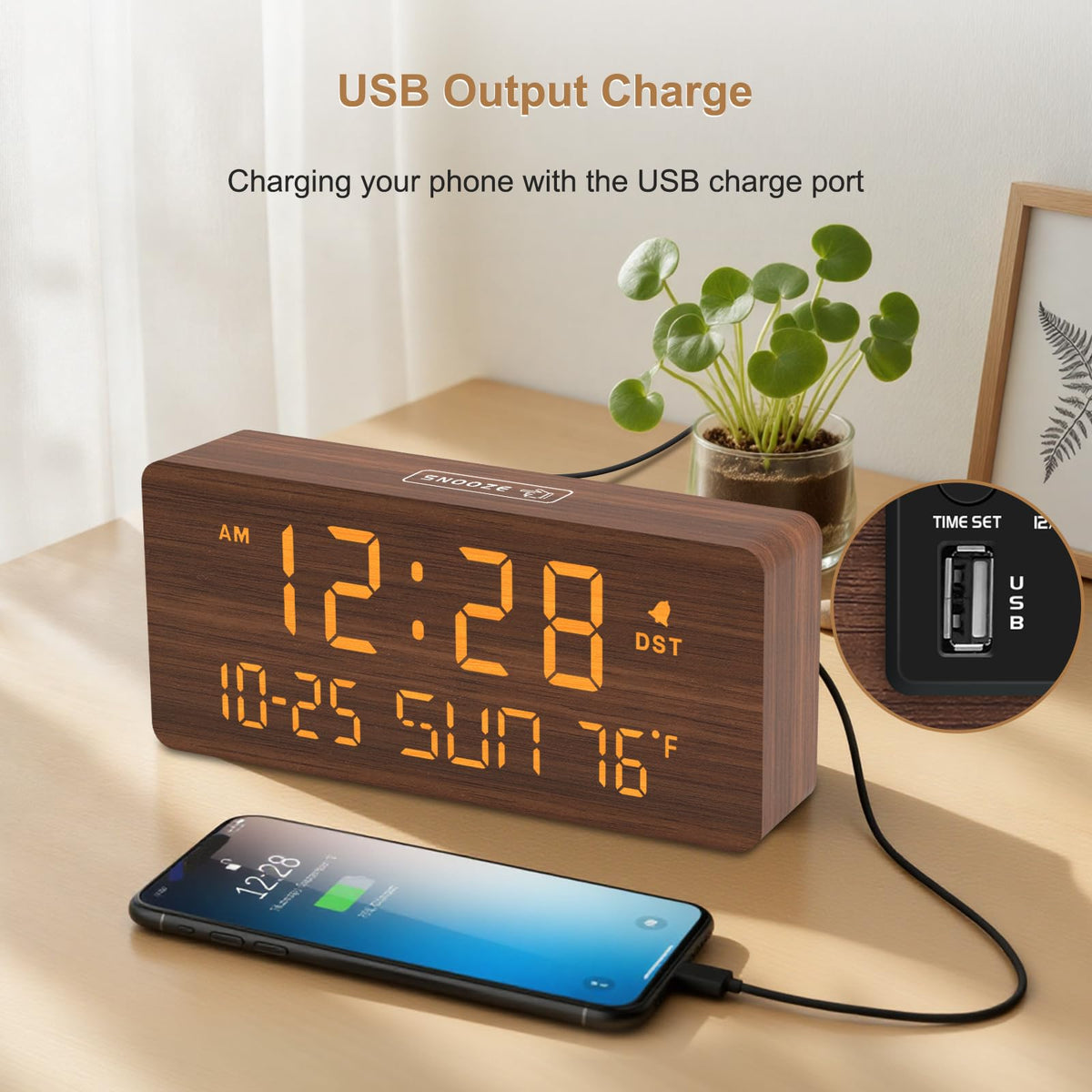 DreamSky Wooden Digital Alarm Clocks for Bedrooms - Living Room Desk Clock with Date and Day of Week, Temperature, USB Port, Dimmer Wheel, Adjustable Volume, Auto DST, Wood Decor for Office Table