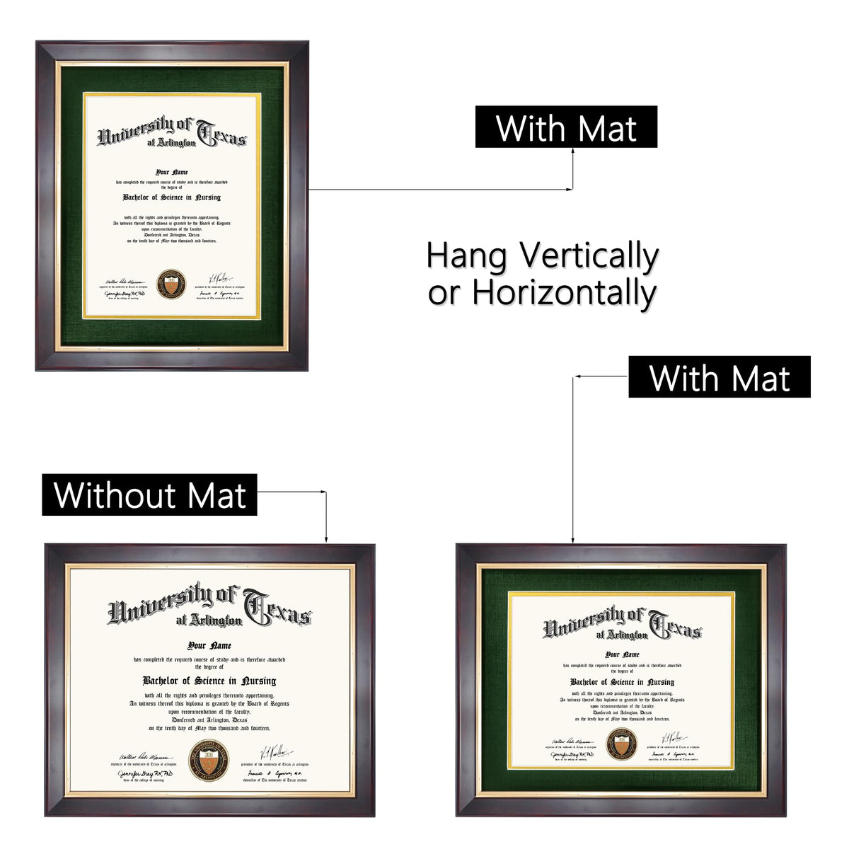 GMFrames 8.5x11 Wood Diploma Frame with Green Mat or Display 11x14 Certificates without Mat,Tempered Glass,Deep Brown Finish with Gold Trim