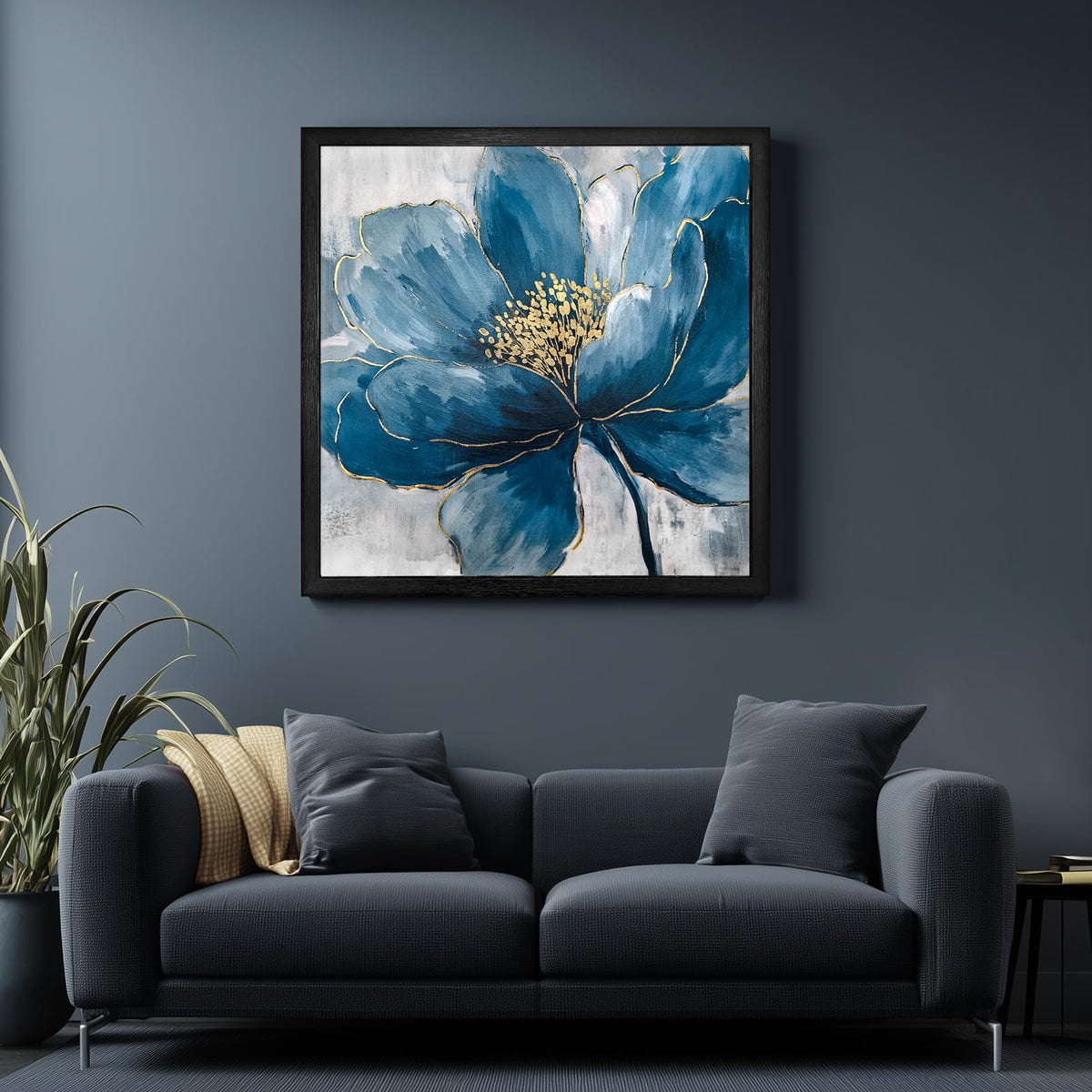 llribbons Framed Flower Wall Art Hand Painted Elegant Blue Peony Floral Canvas Pictures Indigo Gold Painting 3D Textured Prints Artwork for Living Room Bedroom Bathroom Office Home Decor 20" x 20"