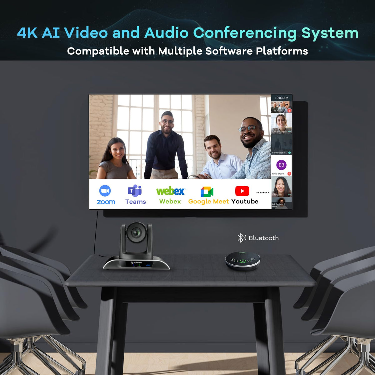 TONGVEO 4K PTZ Conference Room Camera System AI Auto-Tracking 20x Zoom 4K PTZ Camera USB3.0 HDMI LAN outputs and Bluetooth Speakerphone with Microphone for Large Remote Meeting
