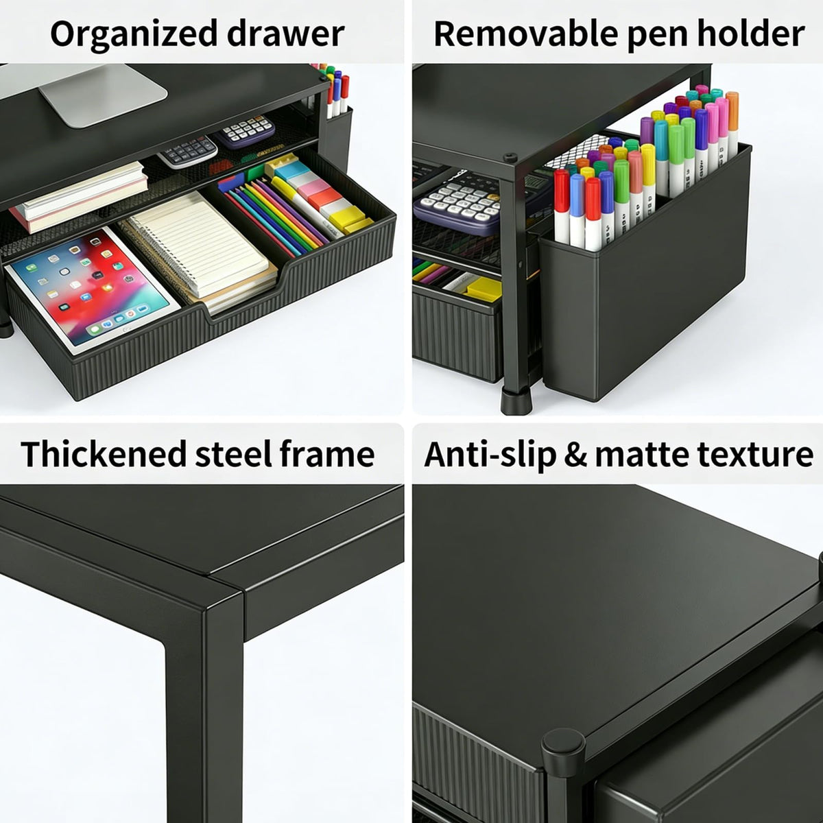 ECOLOVI Desk Organizer and Accessories, 2-Tier Computer Monitor Stand Rise with Storage Drawer & 2 Pen Holders, Laptop & Printer Stand for Desktop, Workspace Organizers for Office Supplies (Black 2-Pack))