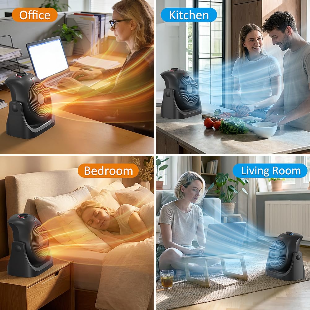 2 in 1 Heater Fan Combo, Portable Space Heater Cooling Desk Fan, Air Circulator Fan 45° Tilt, 2 Wind Speeds, 1500W Overheat Protection Personal Small for Home Office Black