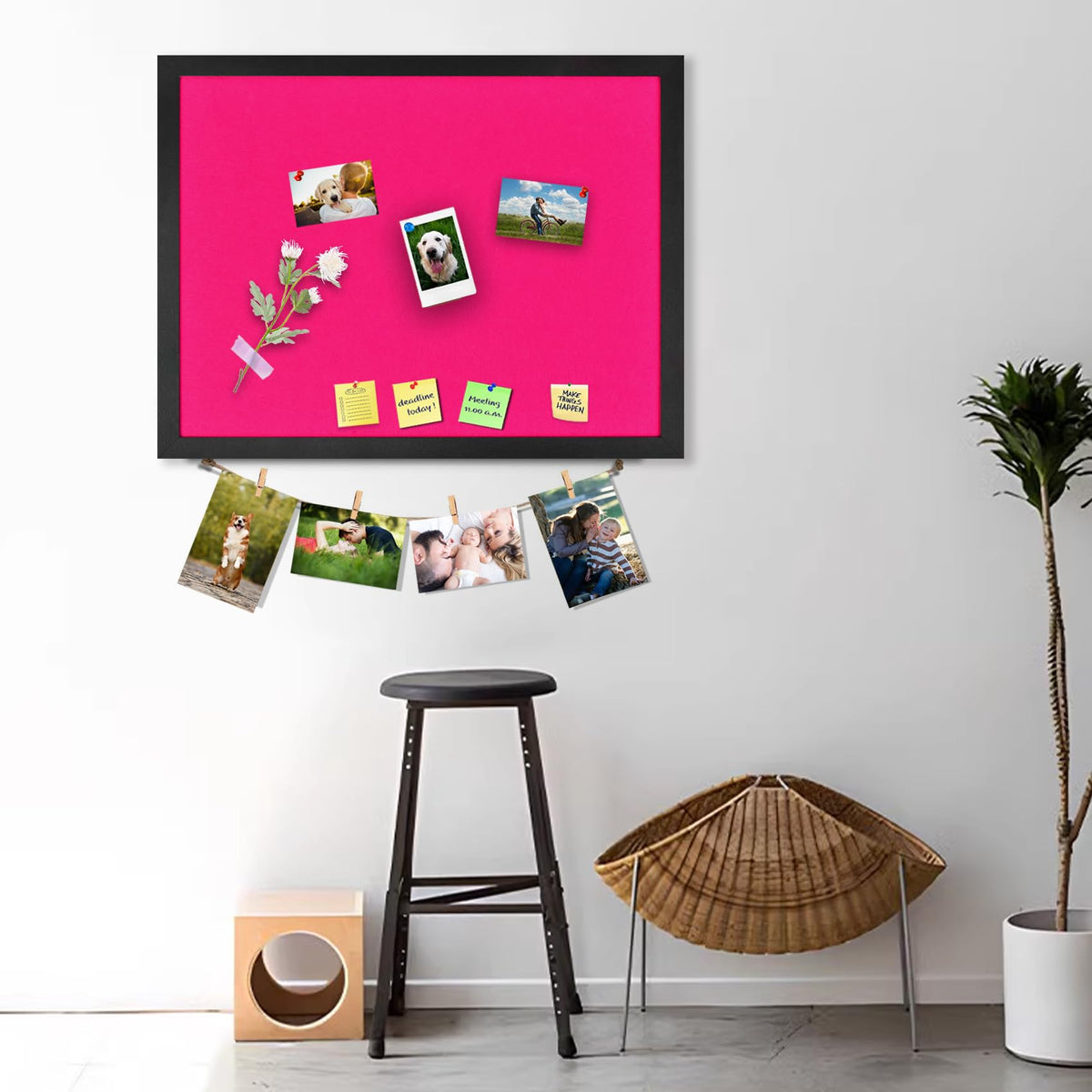 Pink Bulletin Boards Cork Board with Felt, 17"x13" Large Display Pin Board Vision Board for Walls, Jewelry, Notes, Collection, Photos, Office, Wood Framed(Black) & Felt(Pink), 2pc
