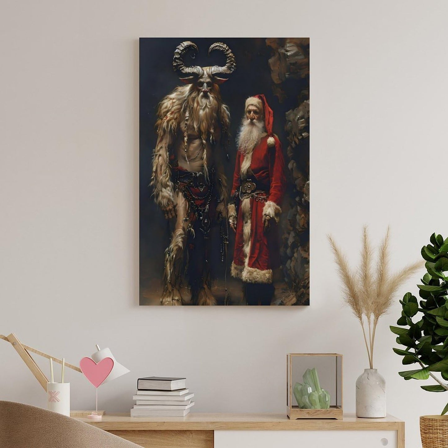 Saint Nicholas And Krampus Alpine Folklore Canvas Printing Wall Art Prints Festive Posters Scandinavian Rustic Style Christmas Yule Theme Wall Decor Living Room Bedroom Office Gift 12x18inch(30x45cm)