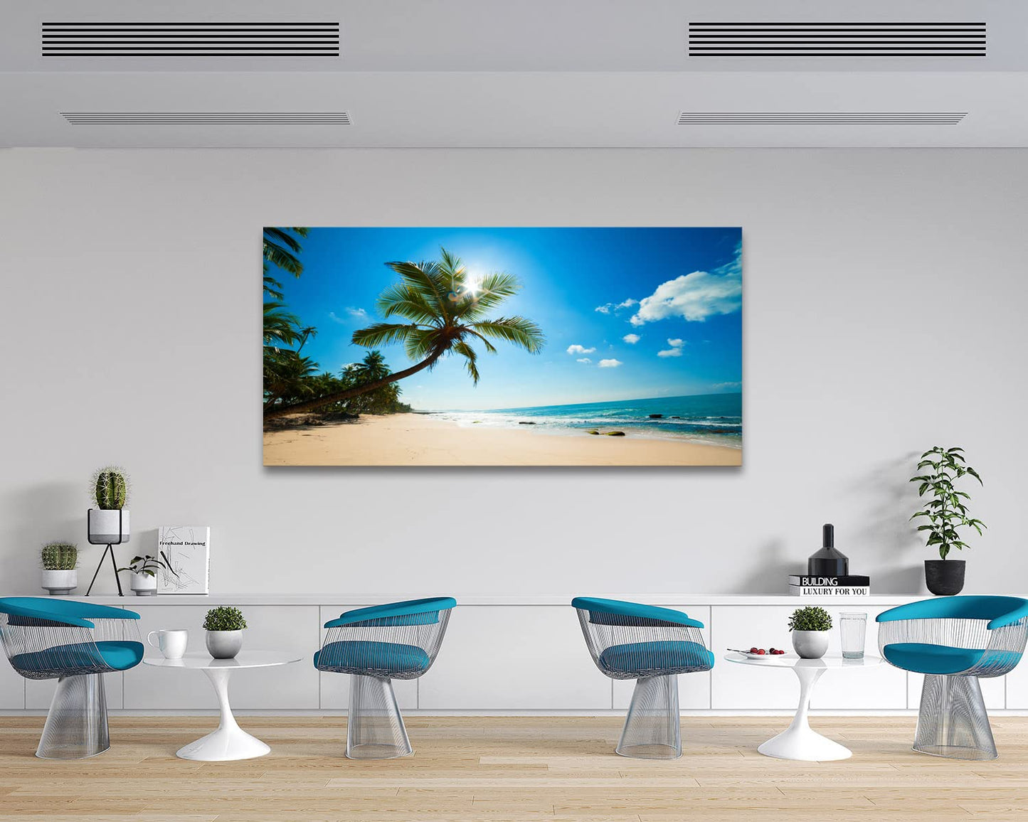Muolunna X0675 Large Canvas Wall Art Summer Ocean Waves Prints Coconut Trees Beach Seascape Painting Hawaii Sea Nature Pictures Stretched and Framed for Living Room Home Office Wall Decor Artwork, 30x60inch x1pcs
