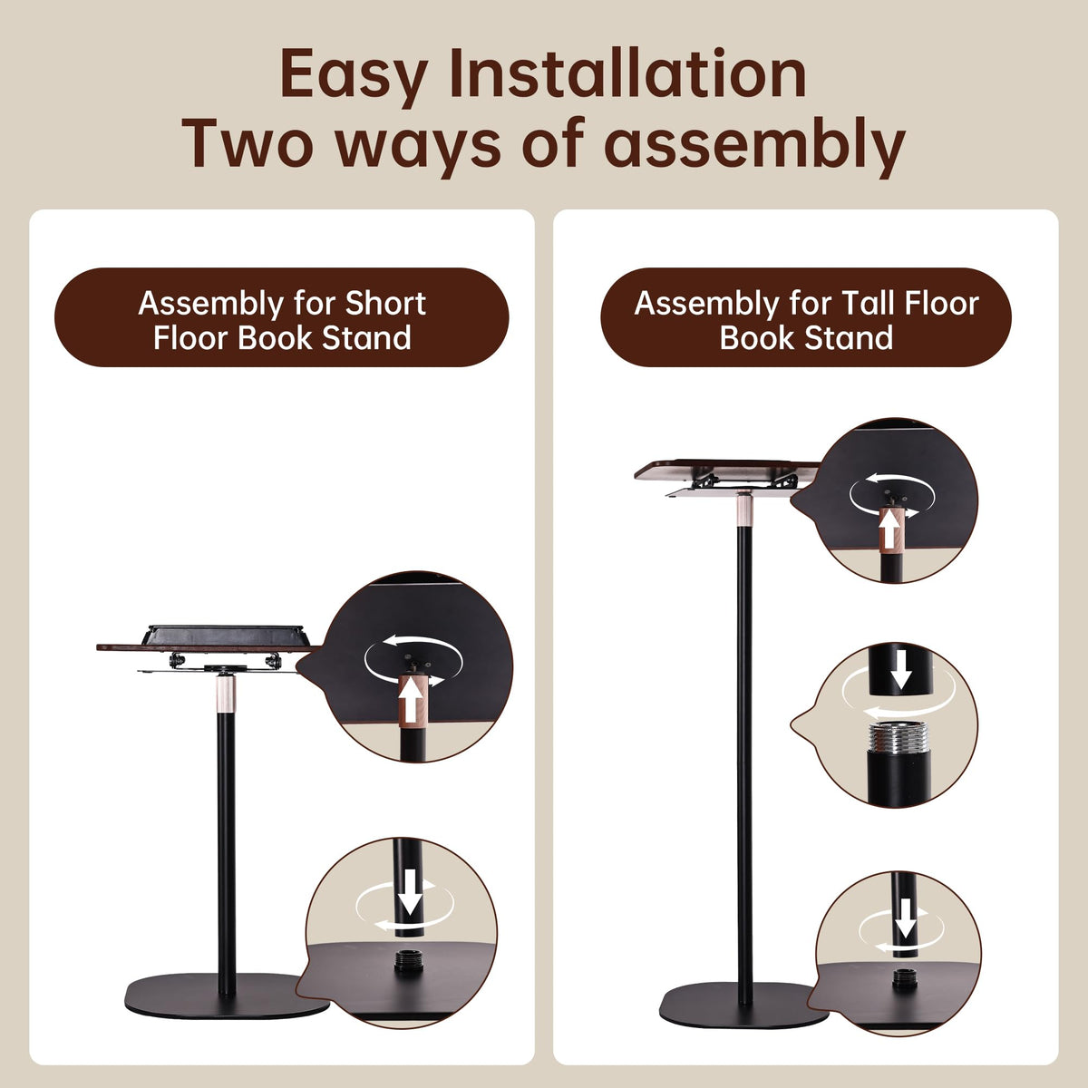 2-in-1 Floor & Desktop Book Stand, Dual-Use Height Adjustable 19"-62.2", Reading Stand Holder with 360° Rotating Base & Page Clips for Music Sheet, Laptop, Podium, Cookbook, Projector, 100% Solid Wood