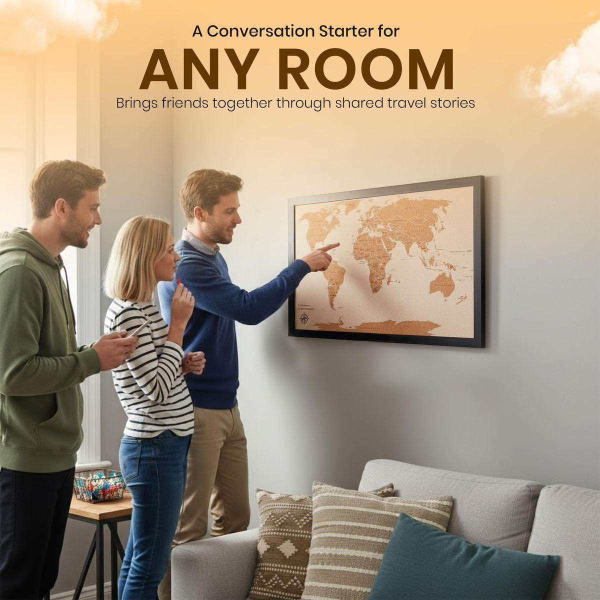 Large Push Pin World Travel Map – 30" x 20" Framed Cork Board Wall Art, Modern World Map with 200 Unique Pins for Tracking Adventures, A Premium Gift for Travelers, Couples and Families