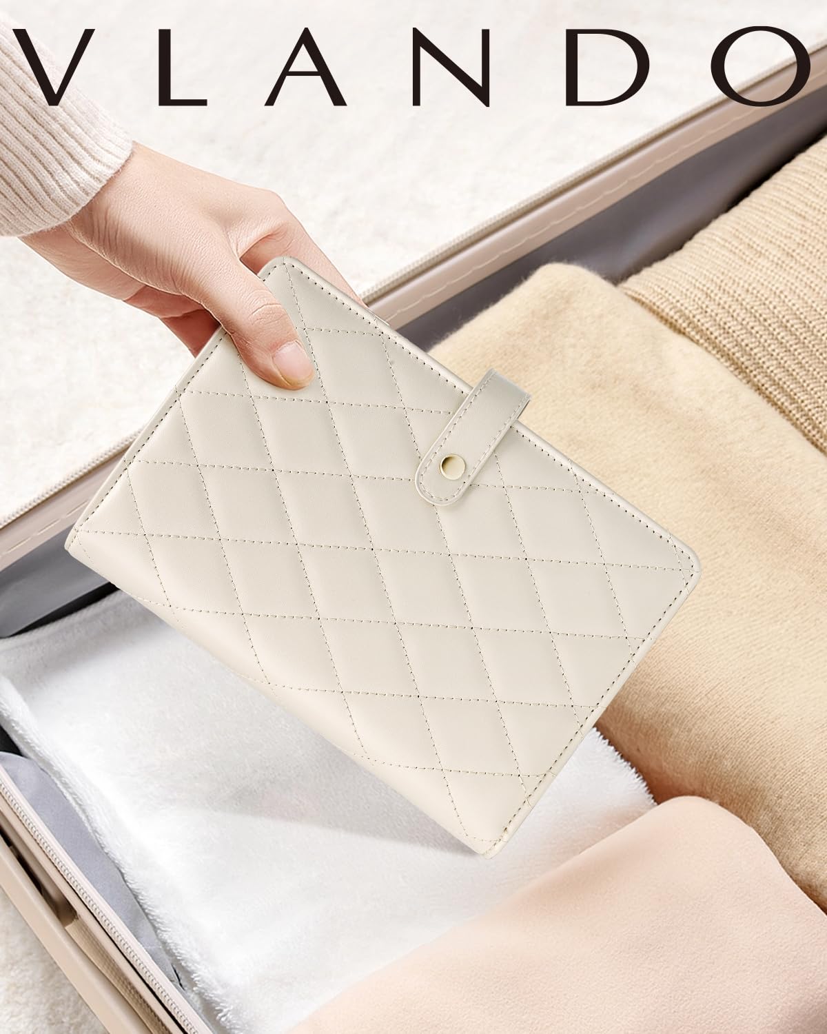 VLANDO Travel Jewelry Organizer Case,Large Jewelry Storage Book Ring Binder with Clear Zipper Velvet Jewelry Pouches Bags for Rings,Bracelet,Earrings-Cream White