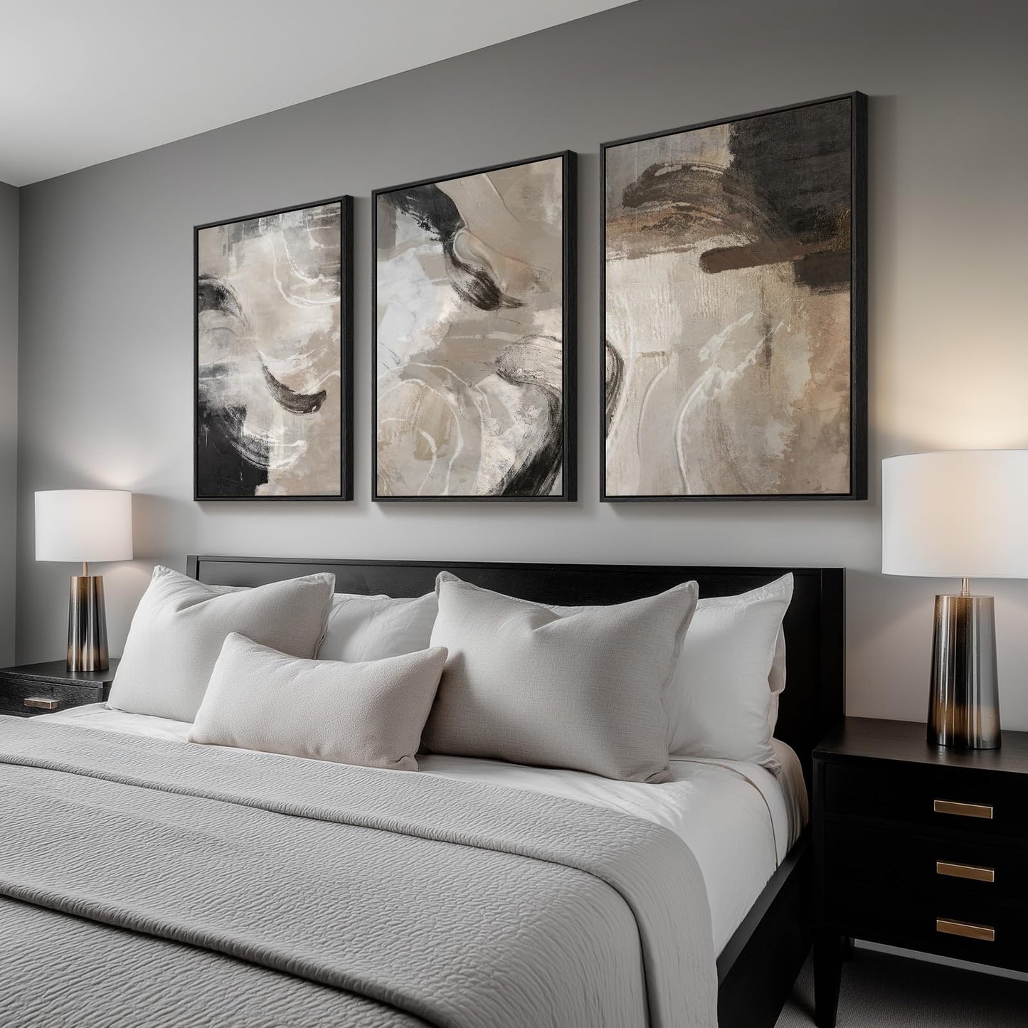 Large Framed Neutral Abstract Wall Art for Living Room, 3 Piece Modern Canvas Prints Paintings Artwork for Walls, Black Beige Brown Neutral Tone Pictures for Hallway Bedroom Office Wall Decor 24x36 In