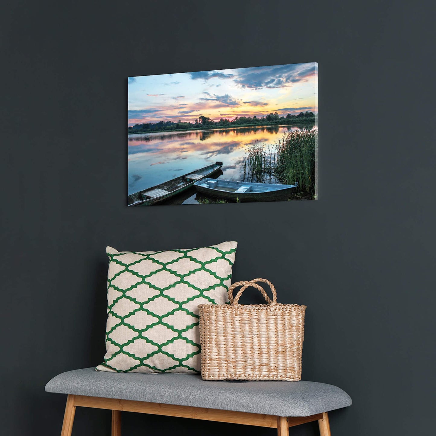 Lake Landscape Canvas Wall Art: Modern Relaxing Sunset Skyline Painting Simple Natural Boat Reed Print Wilderness Clear Calming Water Scenery Picture Green Forest View Gallery Artwork for Bedroom