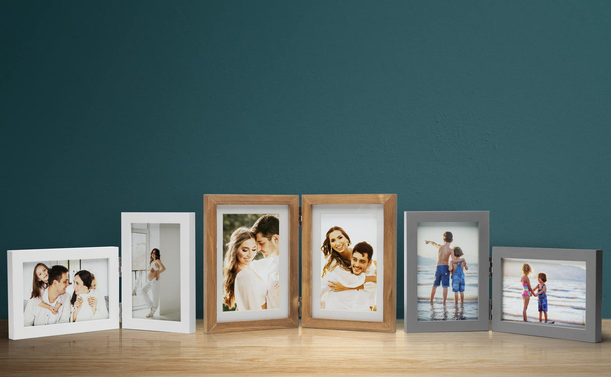 Janreefan Double 4X4 Picture Frames Hinged Folding Rustic Photo Frames in Brown for Wall Hanging or Tabletop Standing, Made of Pine Wood with Real Glass P-44 * 2-MU