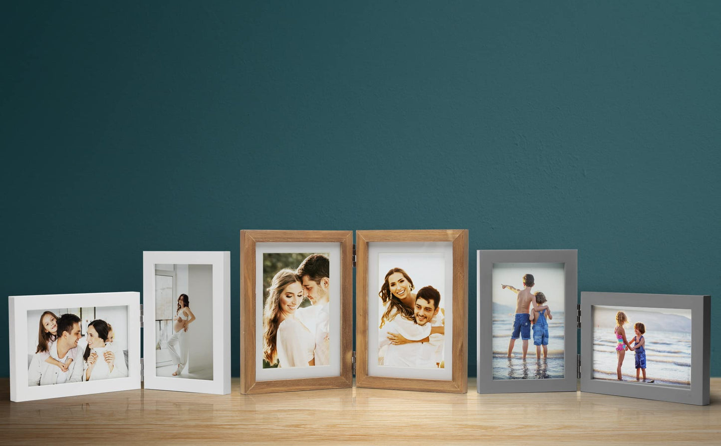 Janreefan Double Vertical & Horizontal 4X6 Picture Frames Hinged Folding Photo Frames in Teal Blue for Wall Hanging or Tabletop Standing, Made of Pine Wood with Real Glass P-S46H64-LAN
