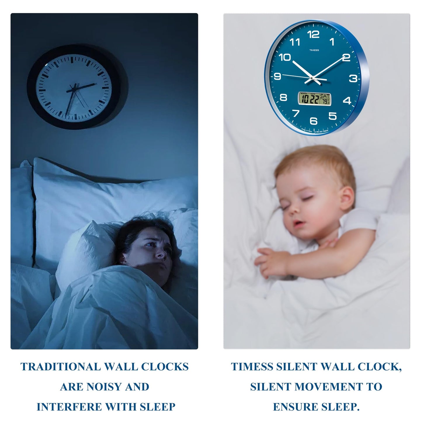 TIMESS Wall Clock, 14" Large Dial Non-Ticking Silent Battery Operated Analog with LCD Display for Perpetual Calendar and F° Temperature, Ideal Modern Home, Bedroom, Kitchen, Office Decor (Blue)