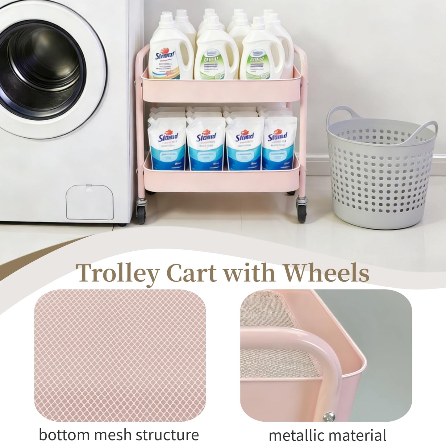 LIWNYRK 2 Tier Pink Rolling Cart with Wheels for Under Desk Storage, Large Capacity Rolling Pantry & Kitchen Storage Cart for Small Space, Sturdy Metal Bathroom Shelf Laundry Room Organization