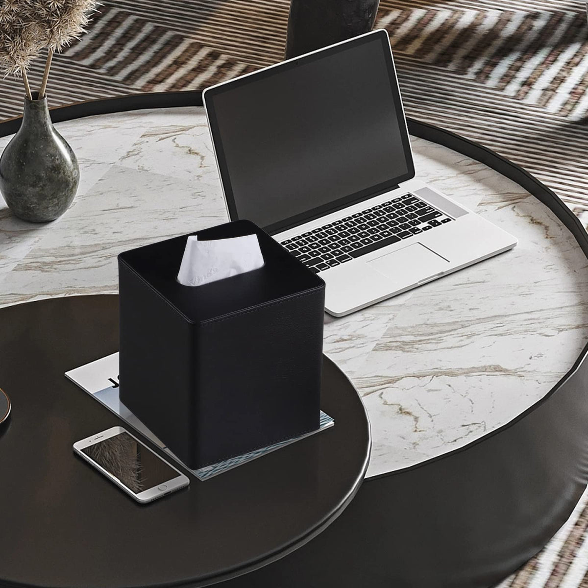 MEIBOOCH PU Leather Tissue Box Cover Square Tissue Box Holder with Magnetic Closure (Black)