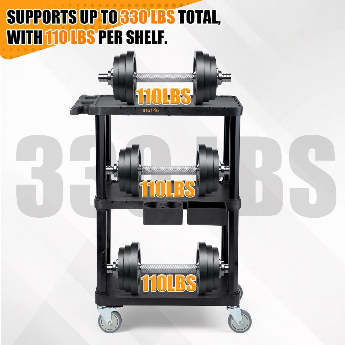 ELAFROS Heavy Duty Utility Cart, 27.5 x 18.25 Inch, 3-Tier Rolling Cart, Industrial Plastic, 330 lbs Capacity, Flat Top Shelves with Swivel Wheels - Multipurpose Work Cart