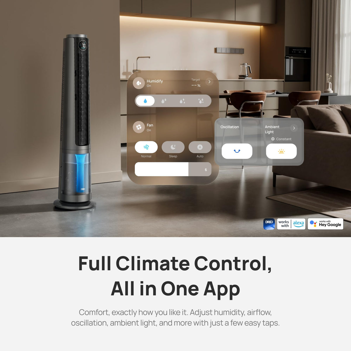 DREO TurboCool Misting Fan 765S, Fans that Blow Cold Air, 10ยฐF Cooling, 34ft/s Fast Evaporative Air Cooler, 6L Tank, 20 dB Quiet DC Motor, 90ยฐ Tower Fan with 12 Speeds, 4 Modes for Home, Grey