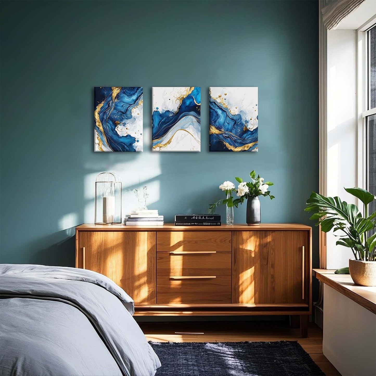 ZQARTZZQ 3 Piece Framed Wall Art Abstract Wall Decor Navy Blue and Gold Pictures Marble Foil Canvas Art Modern Minimalism Paintings Artwork For Living Room Bedroom Office 12x16in