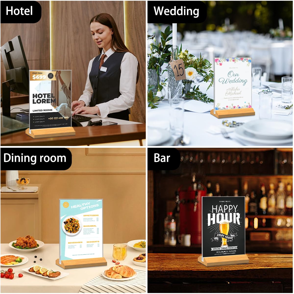 QLKGWEA 3 Pack Acrylic Sign Holder 8.5 x 11 Inch, Wood Base Signs Stand for Menu Flyer Display, Table Clear Plastic T Shape Holder for Stores, Restaurants, Hotels, Office