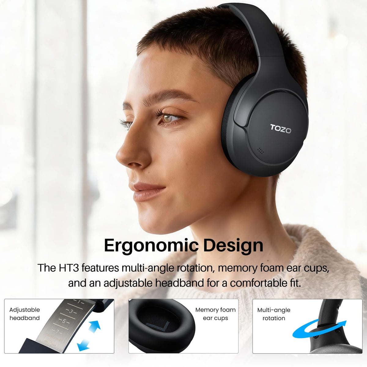 TOZO HT3 Hybrid Noise Cancelling Headphones, 90H Battery Life Wireless Over Ear Bluetooth 6.0 Foldable Headset, AI Voice Assistant with 5 Mics, Connect 2 Devices and Hi-Res Sound, 32 EQ Audio Presets