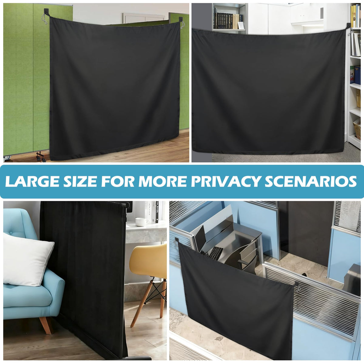 78 X 53 Inch Cubicle Curtain for Office, Blackout Privacy Curtains for Room Divider with Self Adhesive Hook Privacy Door Partition, Black