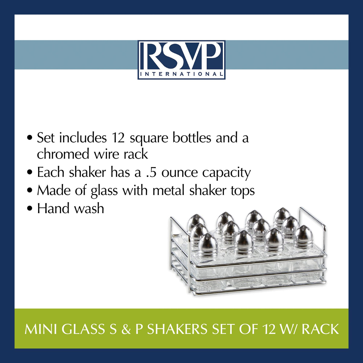 RSVP International Mini Glass Salt & Pepper Set Holder Included, 12 Shakers, Chrome and Stainless Steel