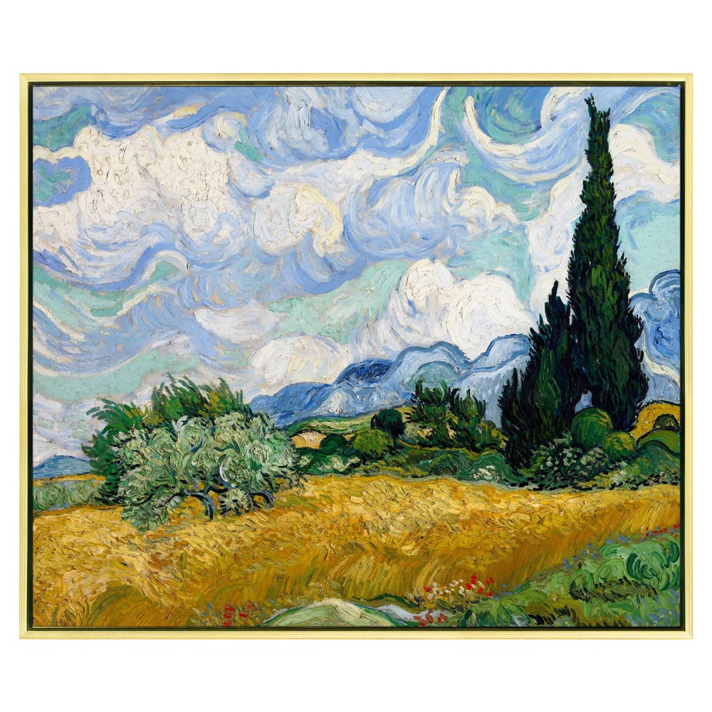 Wieco Art Framed Canvas Art Wheat Field with Cypresses by Van Gogh Impressionist Landscape oil Paintings Canvas Prints Artwork Wall Art for Living Room Home Office Decorations