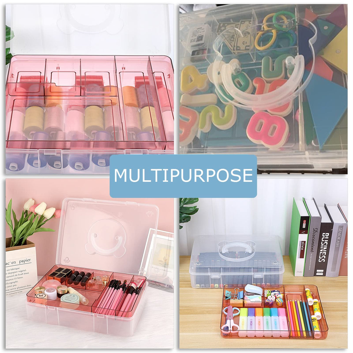 BTSKY 2-Tier Cute Bear Storage Box with Removable Divided Tray Portable Clear Plastic Art Craft Supply Organizer Stackable Home Office Supplies Storage Container for Pens Notes A4 papers etc (Pink)