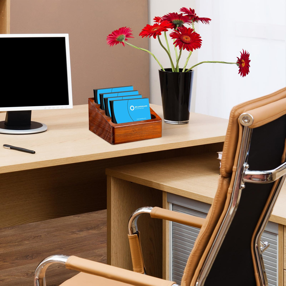 Barydat 2 Pcs Wooden Business Card Holder 4 Slots for Desk Business Card Stand Desktop for Office Study Tabletop and Home