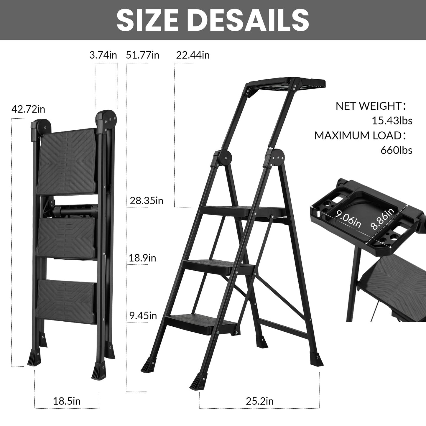 XinSunho 3 Step Ladder, Foldable Handrail & Tool Tray Stool Ladders with Anti-Slip Wide Pedal, 660 lbs Sturdy Steel Ladder for Home Kitchen and Outdoor