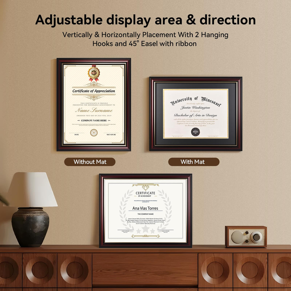 GAMYPET Solid Wood Diploma Frame 8.5 x 11 Certificate Frames with Navy Mat or 11x14 Document without Mat as Graduation Picture Frame