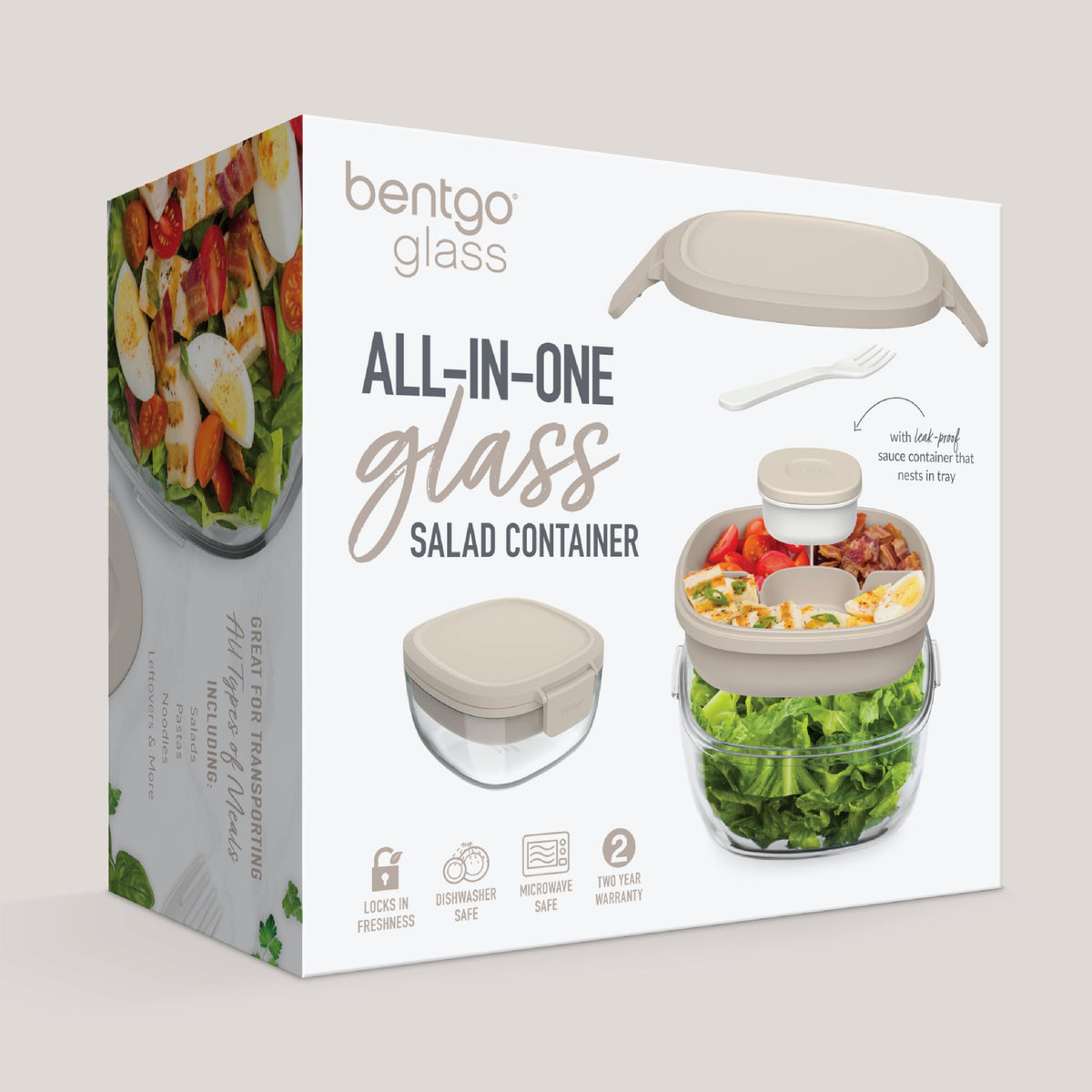 Bentgo Glass Salad Container - 7.6-Cup Salad Bowl with Airtight Lid, Leak-Proof Sauce Container, 4-Compartment Bento Tray & Reusable Fork - BPA-Free for Meal Prep, Office & More (White Stone Tan)