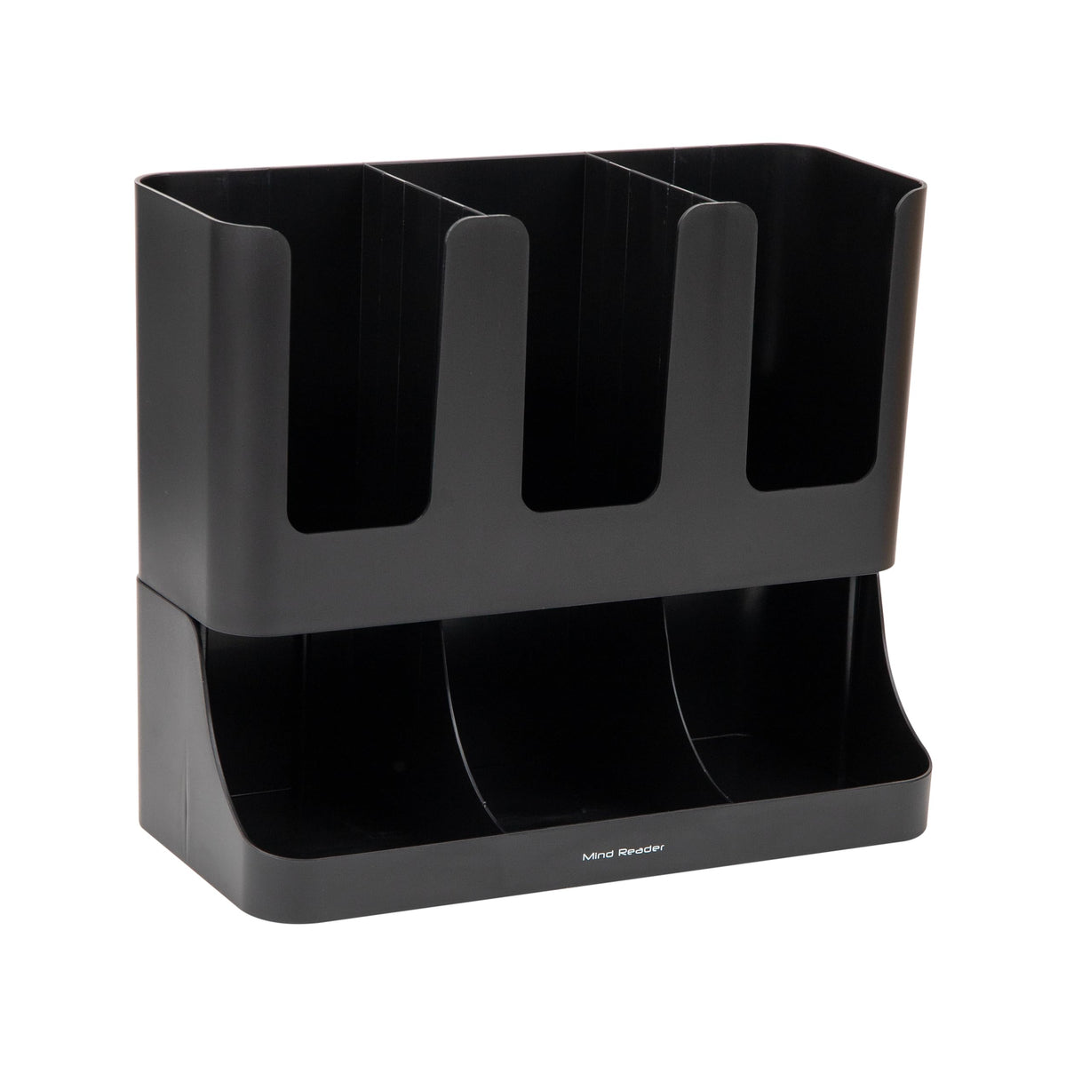 Mind Reader Cup and Condiment Station, 13 Inch Countertop Coffee Bar Organizer with 6 Compartments, Storage Caddy for Cups, Lids and Packets, Plastic, Black