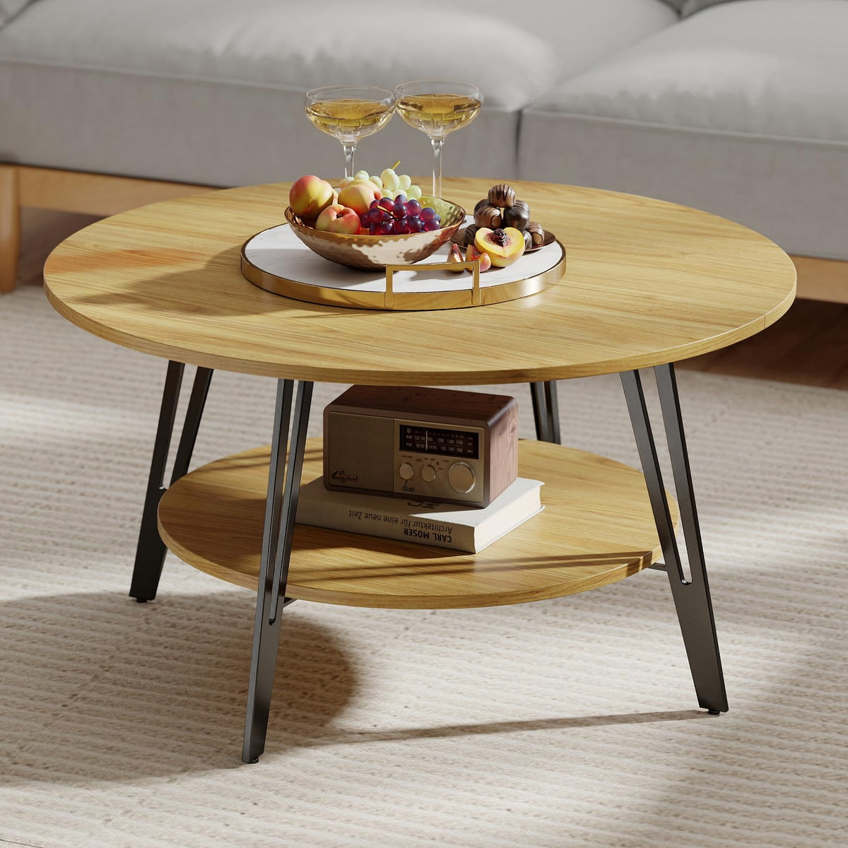 Manora Round Coffee Table with Storage, Small Circle Center Table for Living Room, Modern Wood Coffee Table for Home Office & Small Spaces, Easy Assembly, Oak