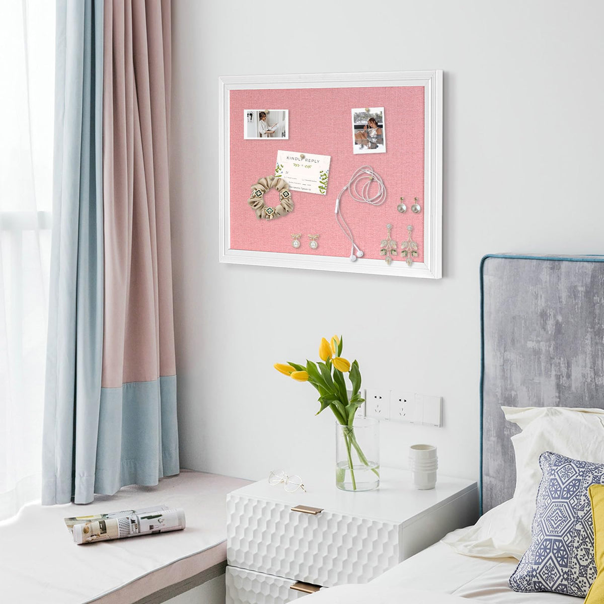 AMUSIGHT Large Pink Cork Board with Linen, 24" x 18" Hanging Wood Framed Bulletin Board, Picture Display Vision Board Corkboards for Wall Room School Office Decor, 10 Pushpins, 1 Pack