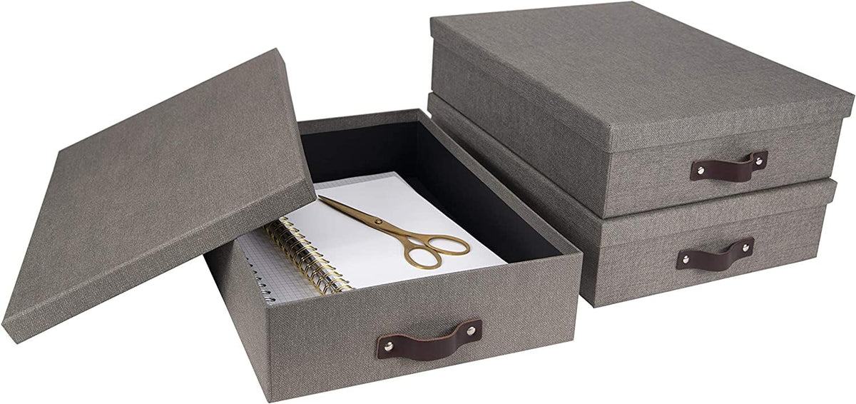 Bigso Oskar Canvas Fiberboard Document Letter Box - File Organizer Box for Important Paperwork - Document Storage with a Lid & Leather Handle - 3.3 in x 10.2 in x 13.8 in - Gray